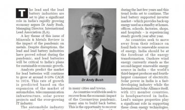 Lead batteries are key to India’s rapid and sustainable growth plans - Dr Andy Bush, Managing Director, International Lead Association (ILA)